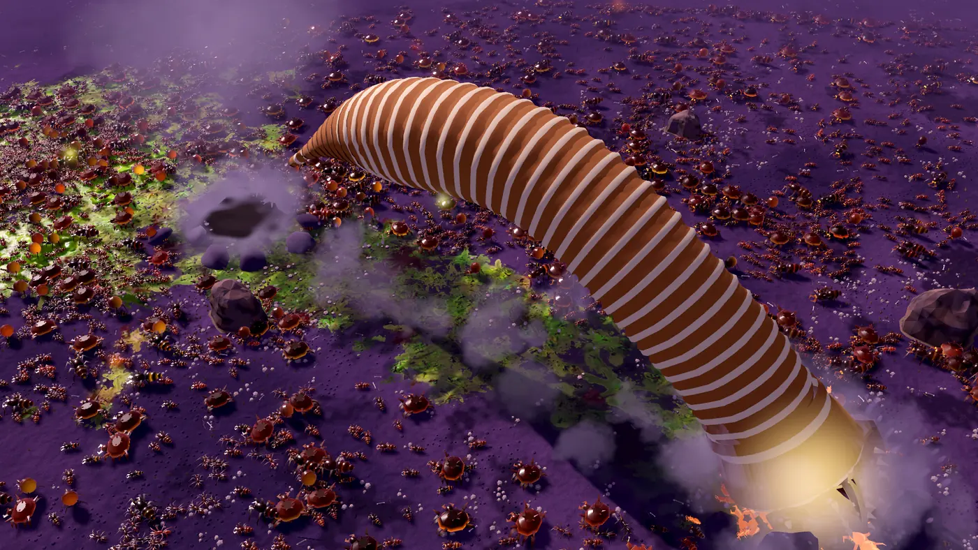 A giant striped worm rising out of purple ground among the swarm