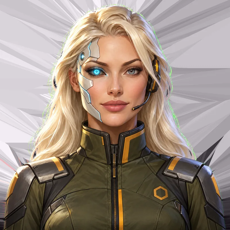 Onyx, Harrow Industries' machine intelligence: a woman with a blue cybernetic eye and a headset