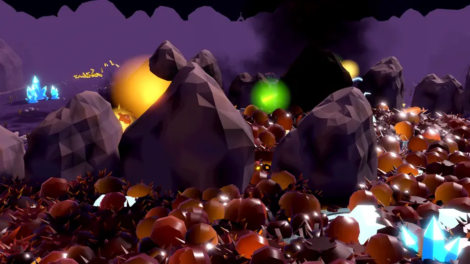 A carpet of alien creatures among crystals on a purple planet