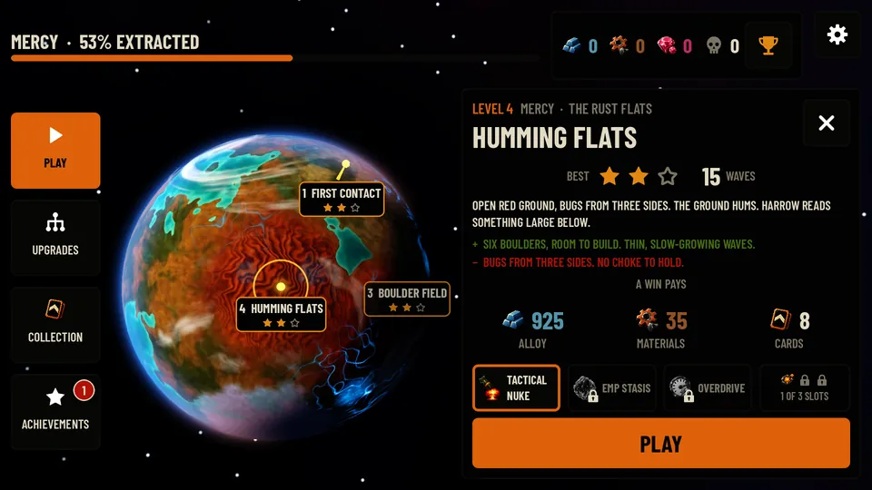 The globe with a landing site's card and Play button