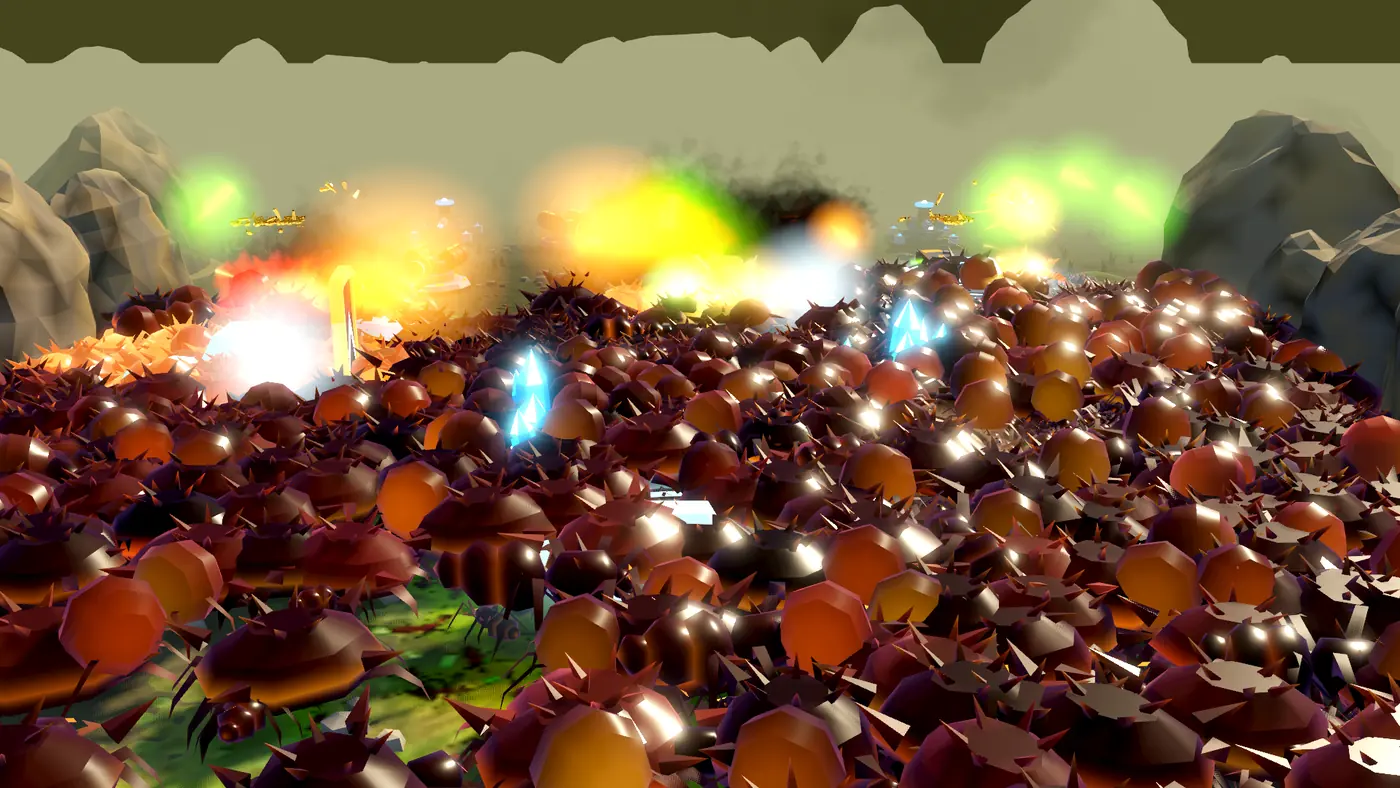 A horde of dark red alien creatures charging a defensive line under heavy fire