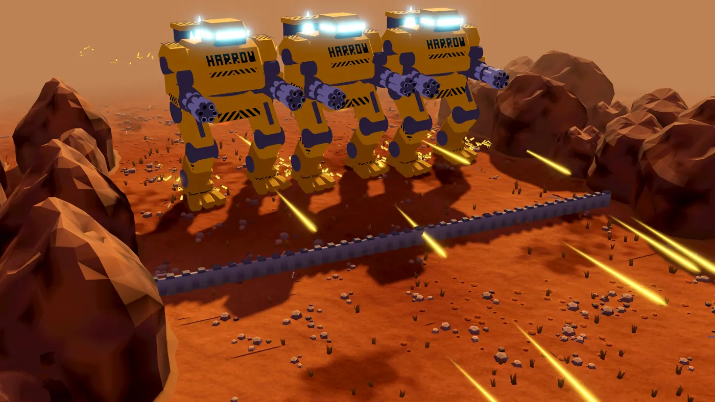 Three yellow Titan walkers firing six-barrel rotary guns