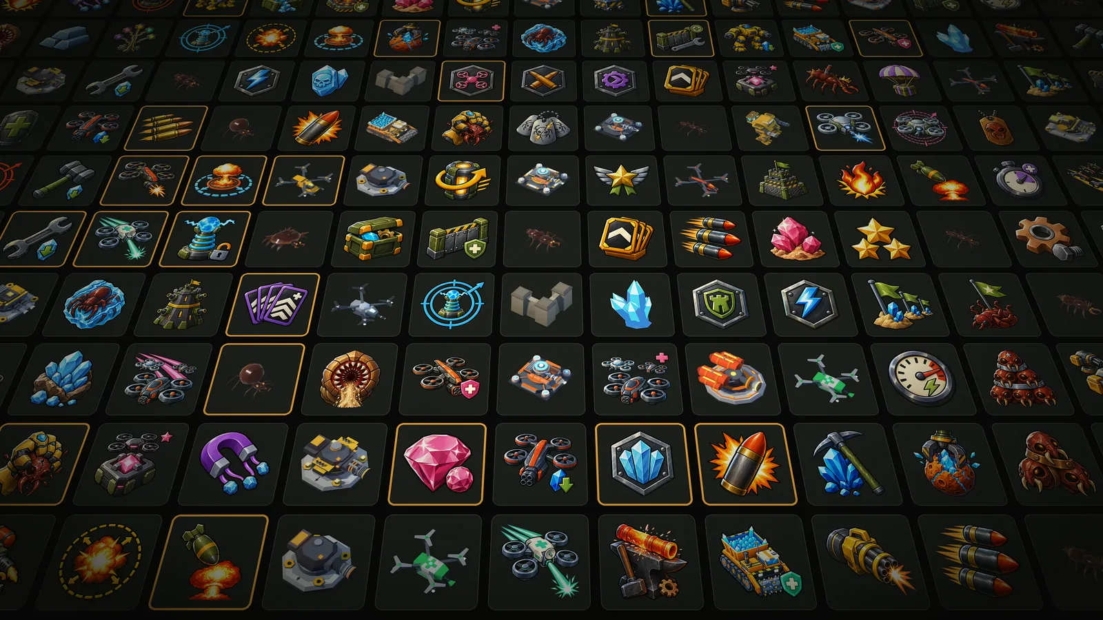 A tilted wall of upgrade icons: turrets, drones, walkers, shells, crystals and shields